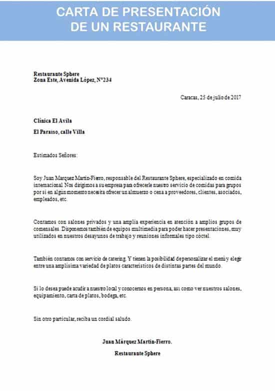 Carta De Presentación De Un Restaurante | Ejemplo Y Modelo